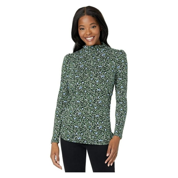 MICHAEL MICHAEL KORS Womens Black Ruched Zippered Floral Long Sleeve Mock Neck Top M