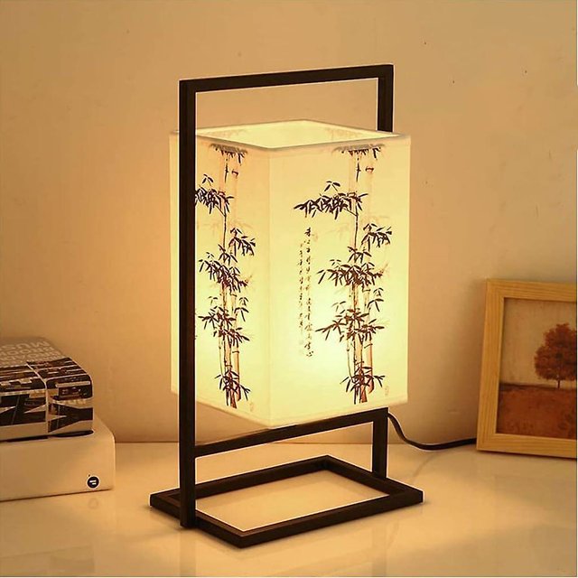 Japanese Bedroom Bedside Lamp Industrial Desk Lamp with Black Metal Frame Square Fabric Shade Table Lamp for Bedroom (Button Switch, Bamboo)