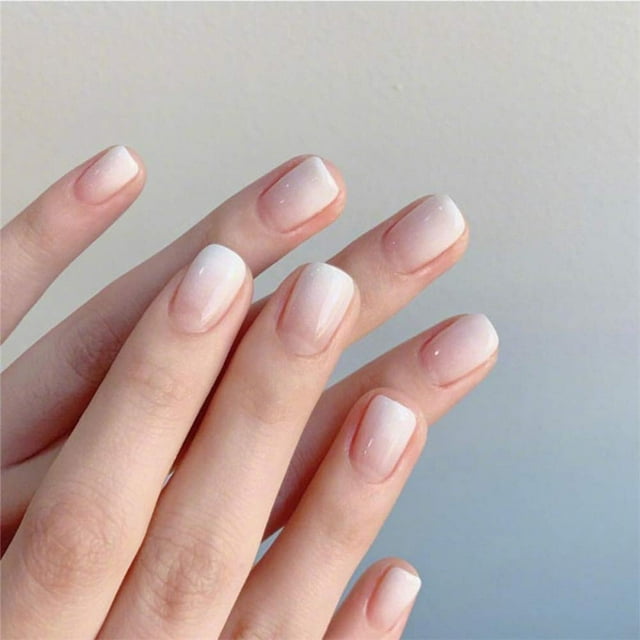 Juego completo de 24 uñas postizas estilo francés con degradado de brillo, uñas postizas cortas cuadradas con adhesivo de salón para mujeres y niñas, pinzas para uñas (blanco)