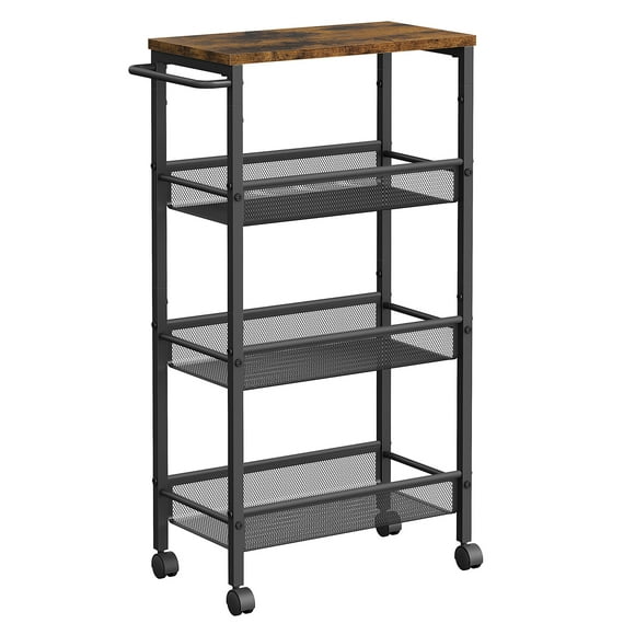 VASAGLE Slim Rolling Cart, 4-Tier Storage Cart with Handle, 22 cm Deep, Metal Frame, Narrow for Kitchen, Dining Room, Living Room, Home Office, Rustic Brown and Black