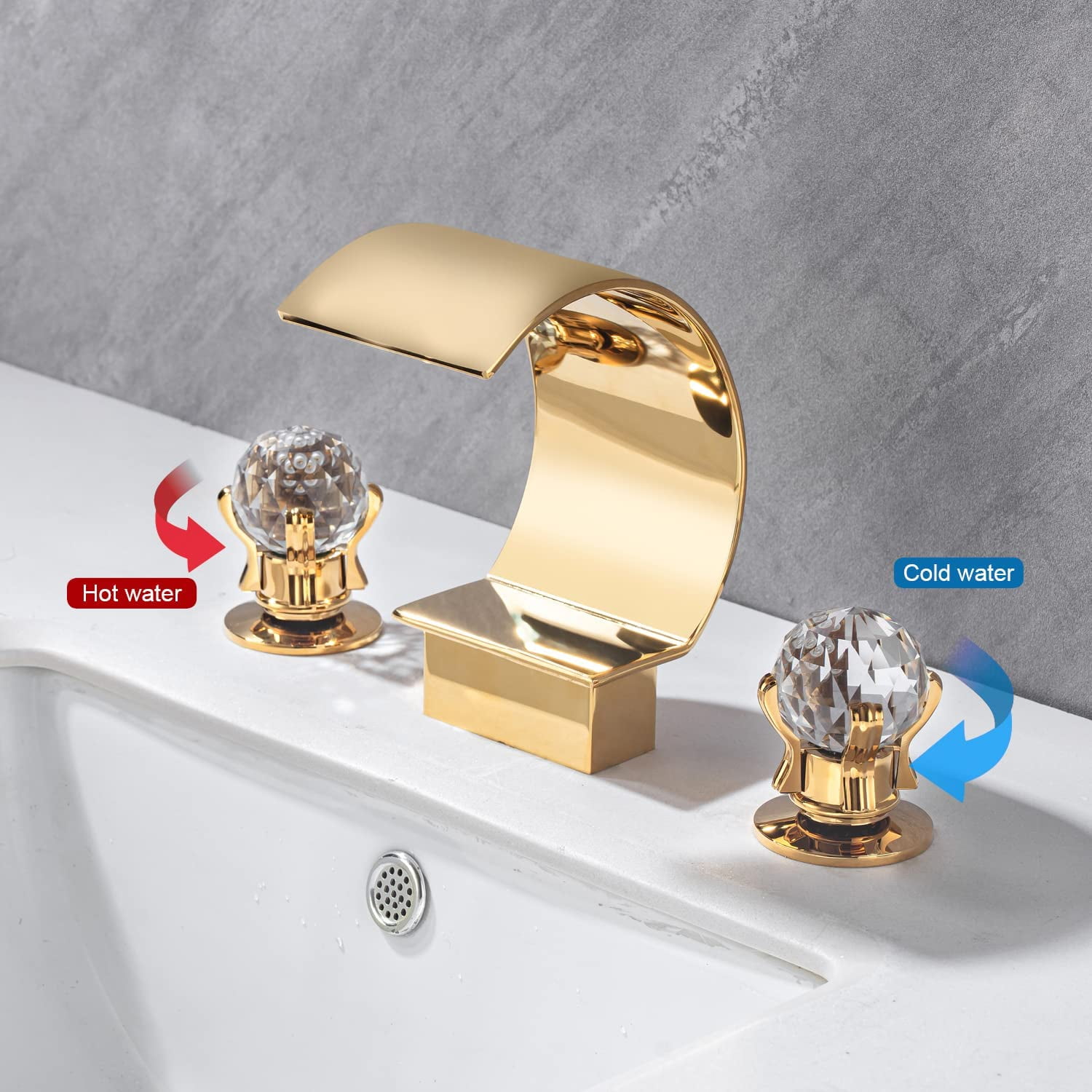 Gold Widespread Waterfall Bathroom Sink Faucet 2 Handle 3Hole Basin Mixer Tap