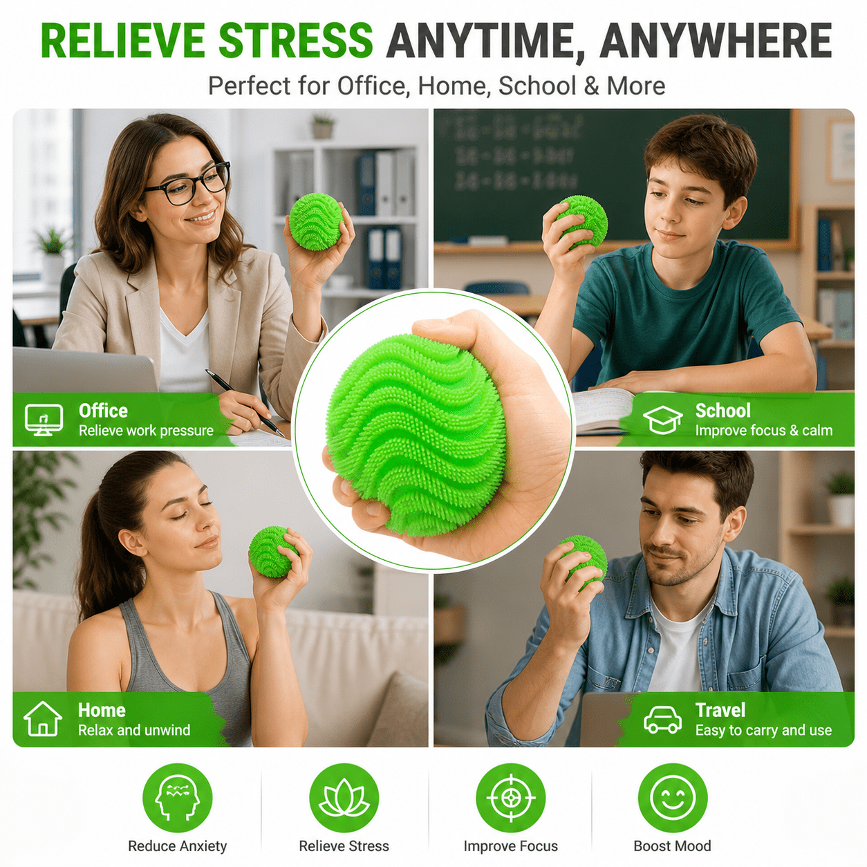 Silicone Stress Ball, Textured Squeeze Ball, Soft Elastic Hand Grip Ball for Desk, Office, Home, Travel and Everyday Focus