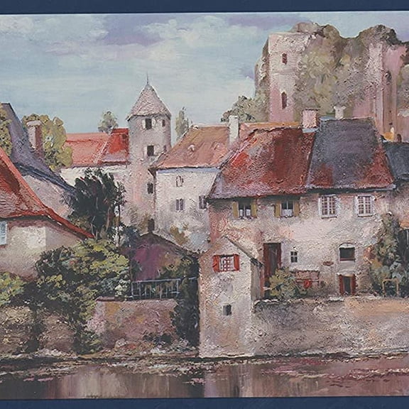 Concord Wallcoverings Wallpaper Border Geographical Pattern Town Rural Houses Lake Shore for Living Room Dining Area, White Blue Red Green Brown, 10.35 Inches by 15 Feet TG2160B