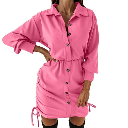 

Huaai Semi Formal Dresses For Women Ladies Casual Button Solid Color Collar Corset Drawstring Shirt Dress Glitter Dress Pink L