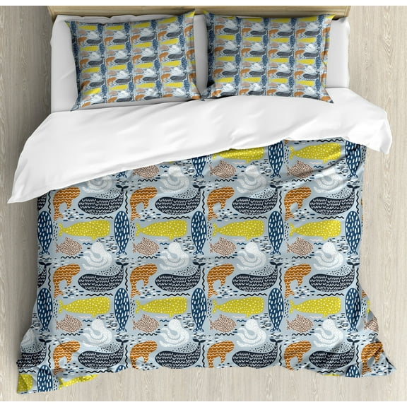 Fish Queen Size Duvet Cover Set, Whale Dolphin Big Fish Mammal Silhouettes Ocean Subaquatic Life Kids Nursery Theme, Decorative 3 Piece Bedding Set with 2 Pillow Shams, Multicolor, by Ambesonne