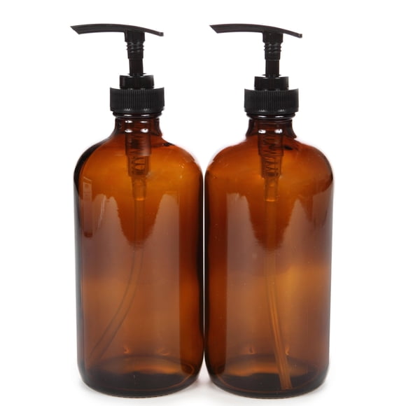 Vivaplex 2 botellas grandes de vidrio ámbar vacías de 16 oz con bombas de loción negras