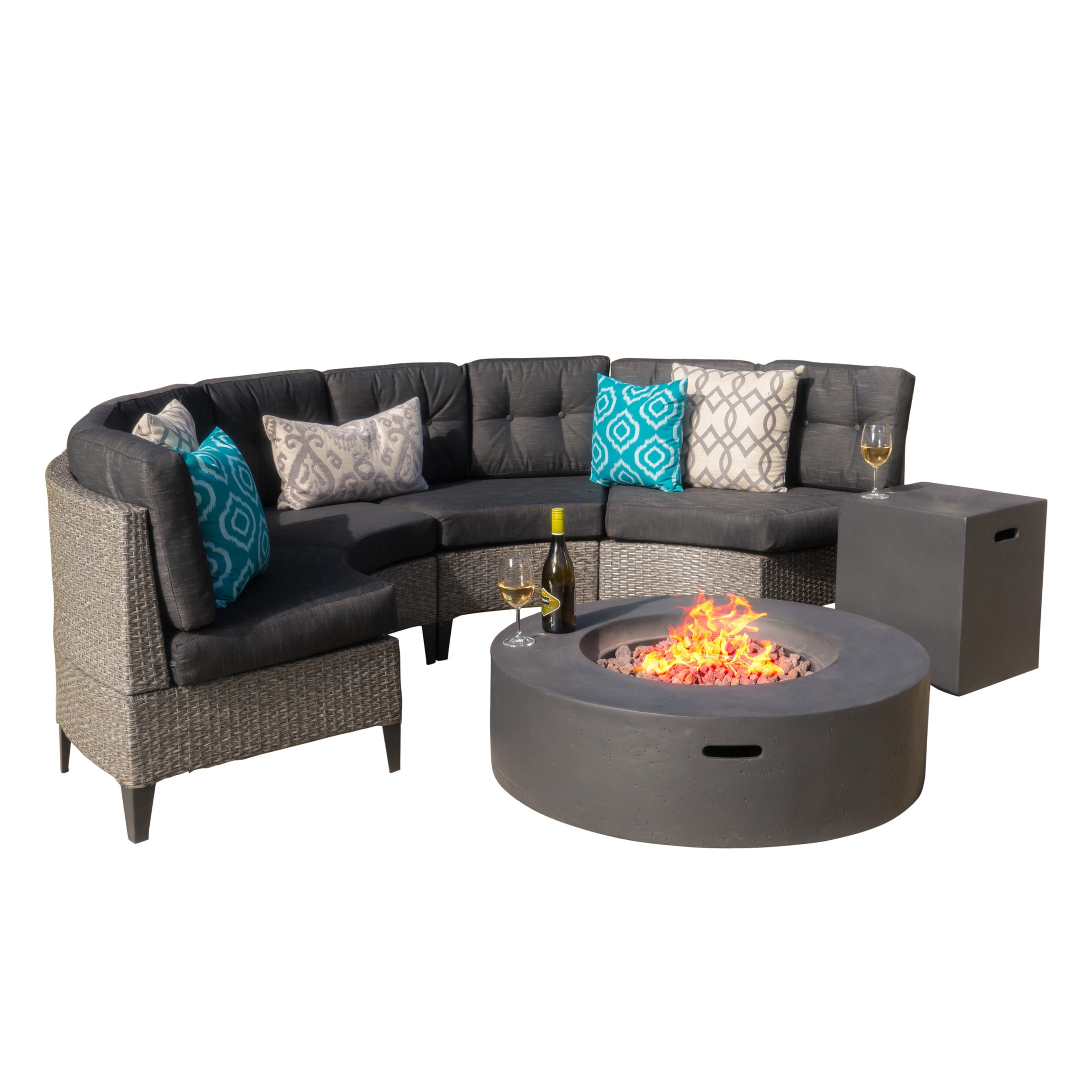 GDF Studio Marlen Outdoor Wicker 4 Seater Half Round Sofa Set with Fire