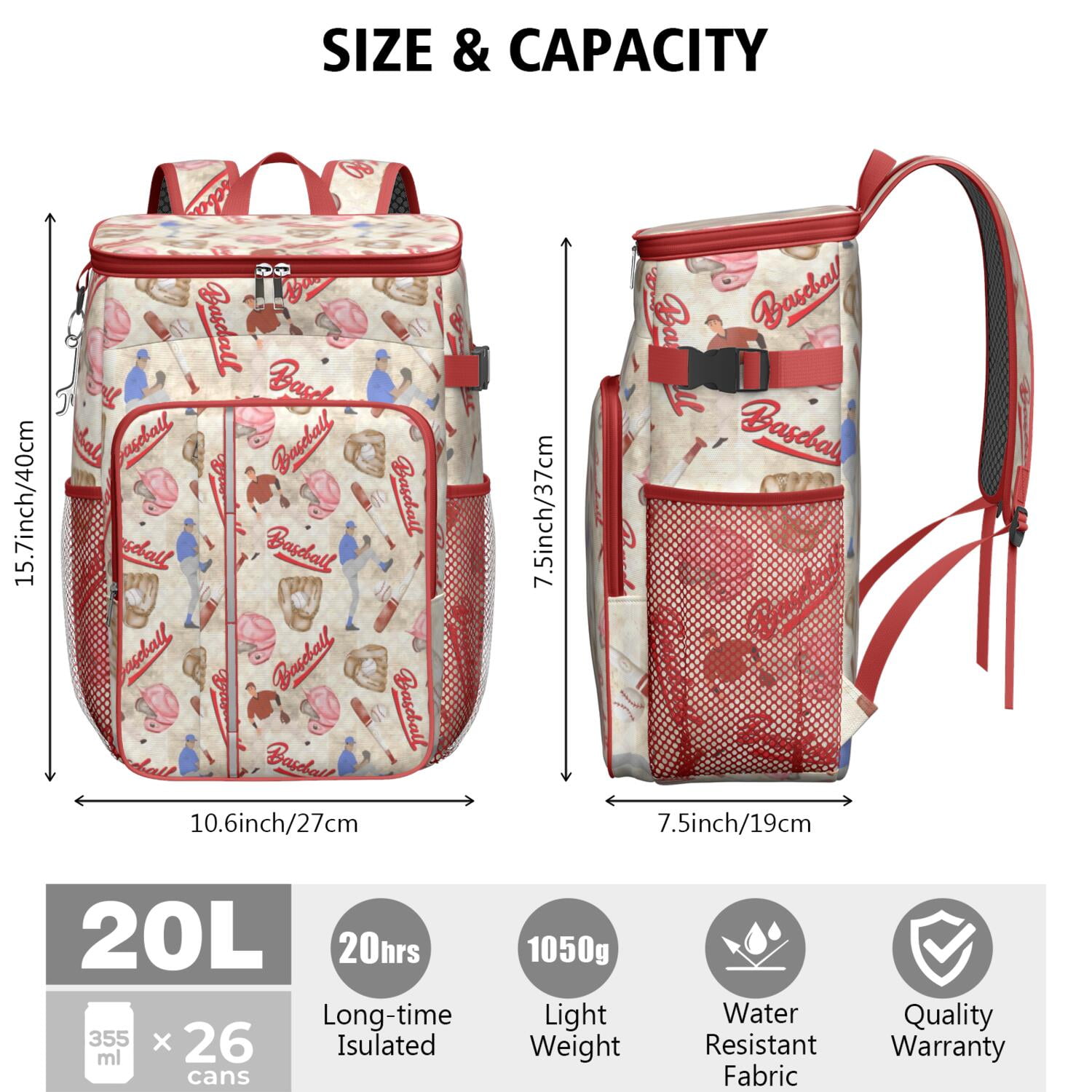 Travel Cooler Bag - Beige Baseball Elements Pattern Camping Beer Cooler Backpack with Bottle Opener- Waterproof Insulated Picnic Backpacks - Cooler Bag for Beach