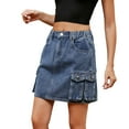 thumbnail image 3 of Long Skirts for Women Soft Hip Hugging Denim Skirt Elastic Waist Cargo Pocket Denim Skirt Womens Clothes Blue M, 3 of 5