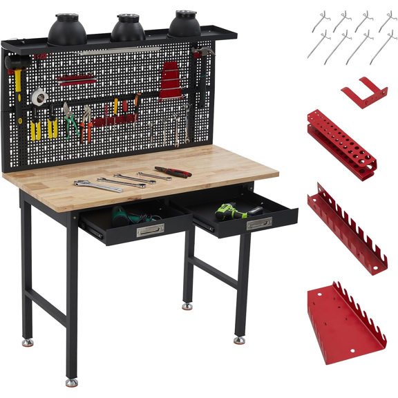 Adjustable Workbench with Drawers&Power Outlets Heavy Duty Wooden Table for Garage, Office, Workshop, Home 2000 LBS Load Capacity