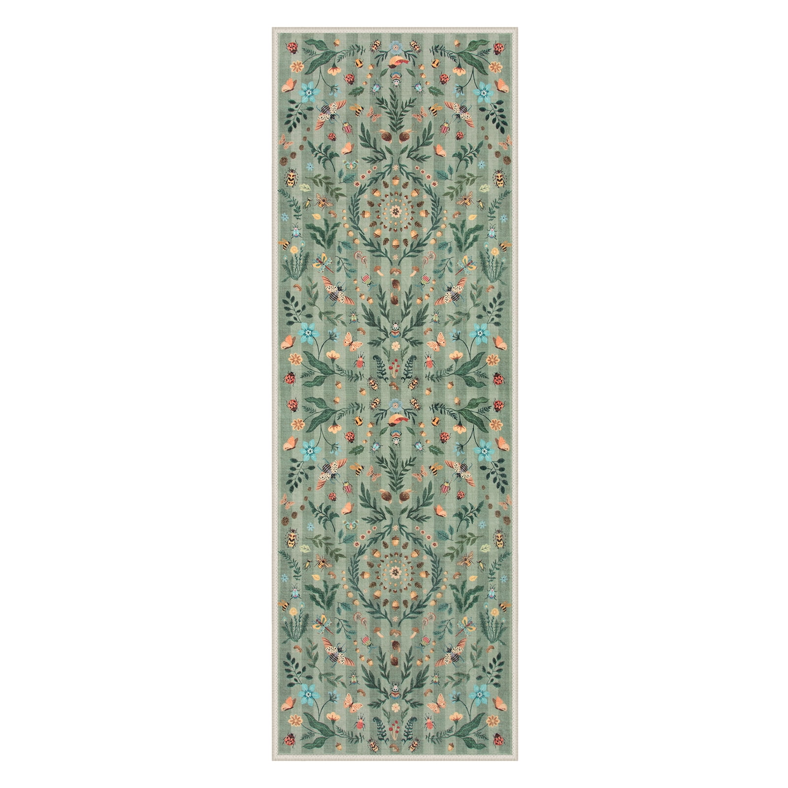 Wonnitar 2x6 Insect Kitchen Runner Rug, Ultra Thin Green Boho Floral Runners for Hallway, Soft Low Pile Washable Runner Rugs, Non Slip Rug Runner for Entryway Laundry