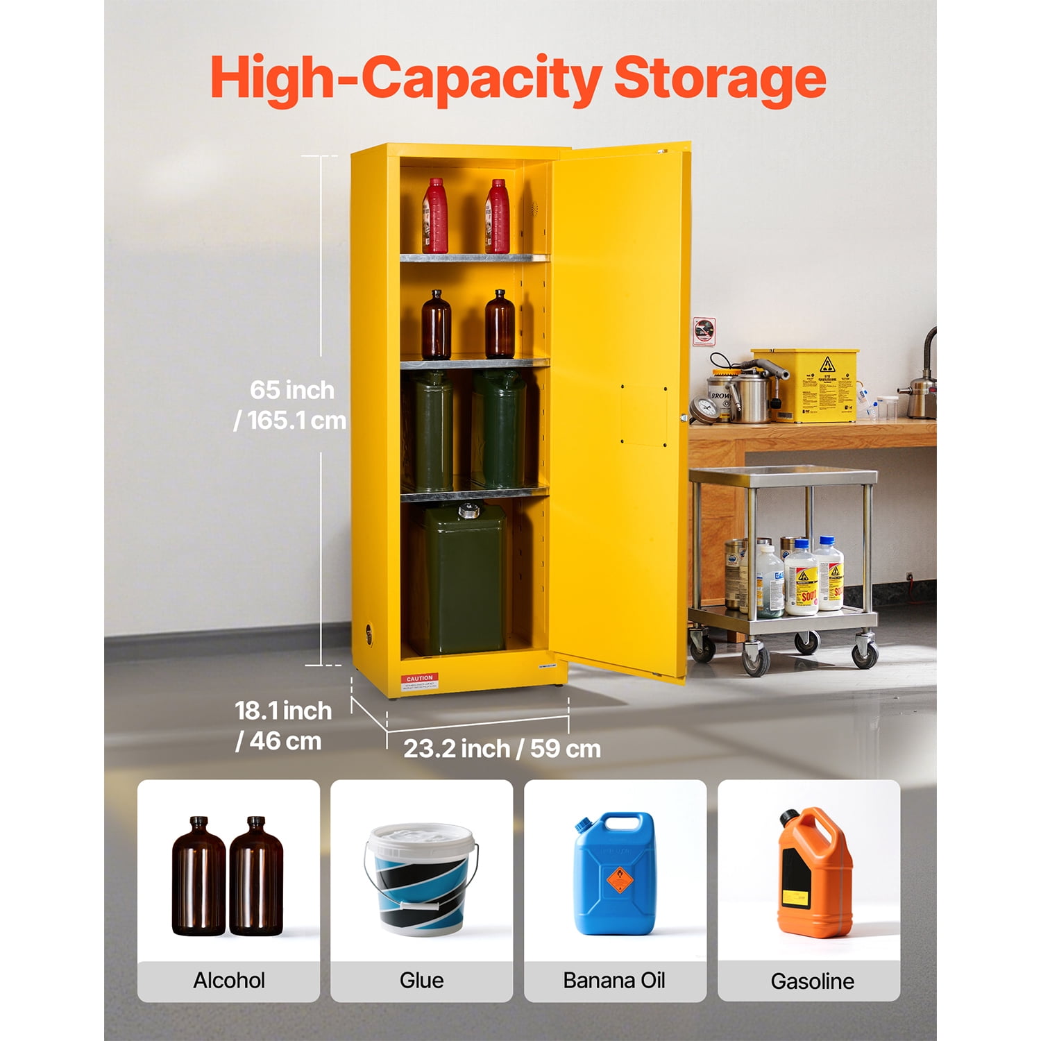 KFFKFF 23 Gallon Flammable Storage Cabinet, 23.2 x 18.1 x 65.0 inch, Adjustable Shelf, Cold-Rolled and Galvanized Steel Construction, Fire-Resistant Cabinet for Industrial and Home Use, Yellow