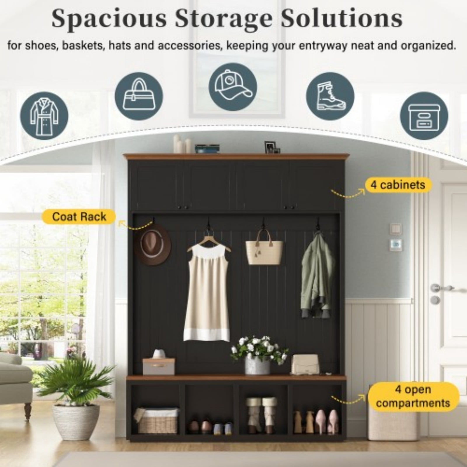 59" Farmhouse Entryway Hall Tree with Bench, 4-in-1 Coat Rack Shoe Storage with 4 Cabinets & Open Compartments, Wood-Grain Hall Tree Organizer with Hooks for Hallway Entryway, Black