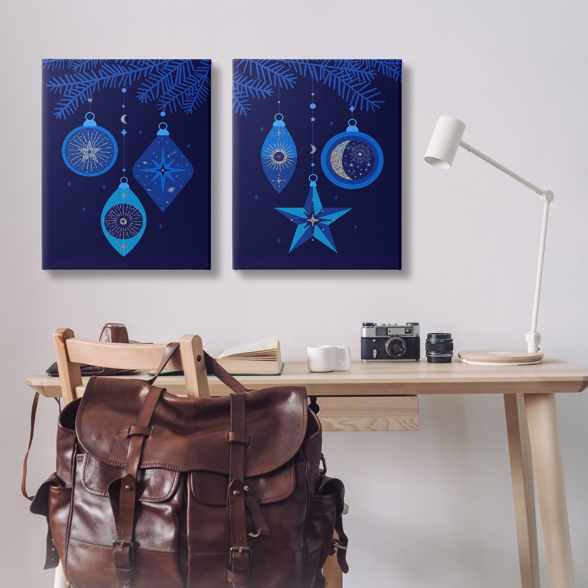 Stupell Industries Vintage Blue Holiday Ornaments Holiday Painting Wrapped Canvas Art Print Wall Art, 24 x 30, Set of 2