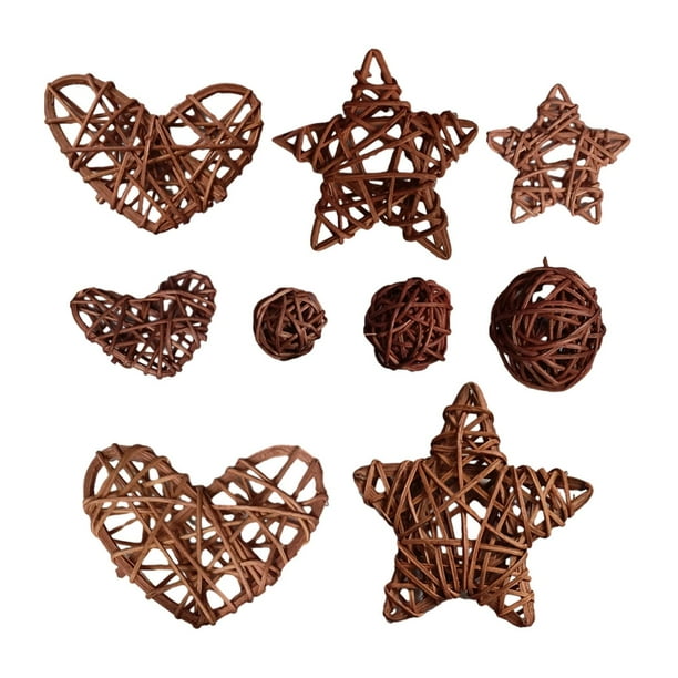 9 bolas de mimbre con forma de corazón y estrella para decorar el árbol de Navidad. Café
