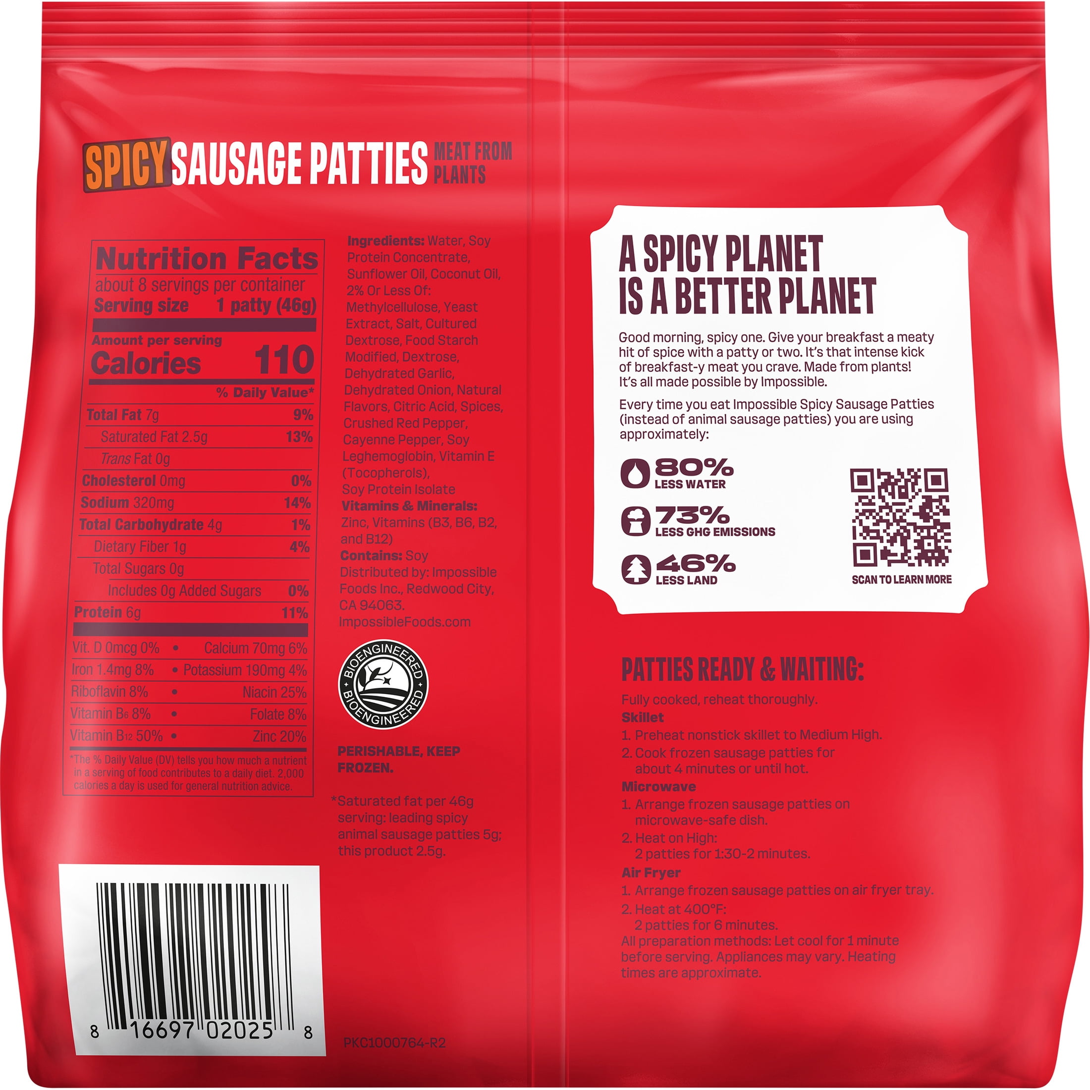 Impossible Foods Spicy Sausage Patties, Fully Cooked, 8 Patties, 12.8 oz (Frozen)