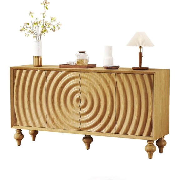 LKTART 59" Solid Wood Sideboard Buffet Cabinet, Storage Accent Cabinet with 4 Doors for Living Room Kitchen Entryway, Natural