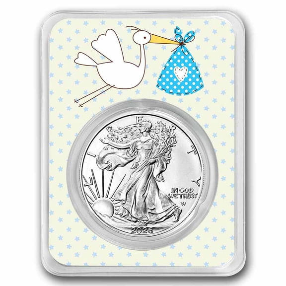 2026 1 oz Silver Eagle - w/"It's A Boy", Stork Card, In TEP