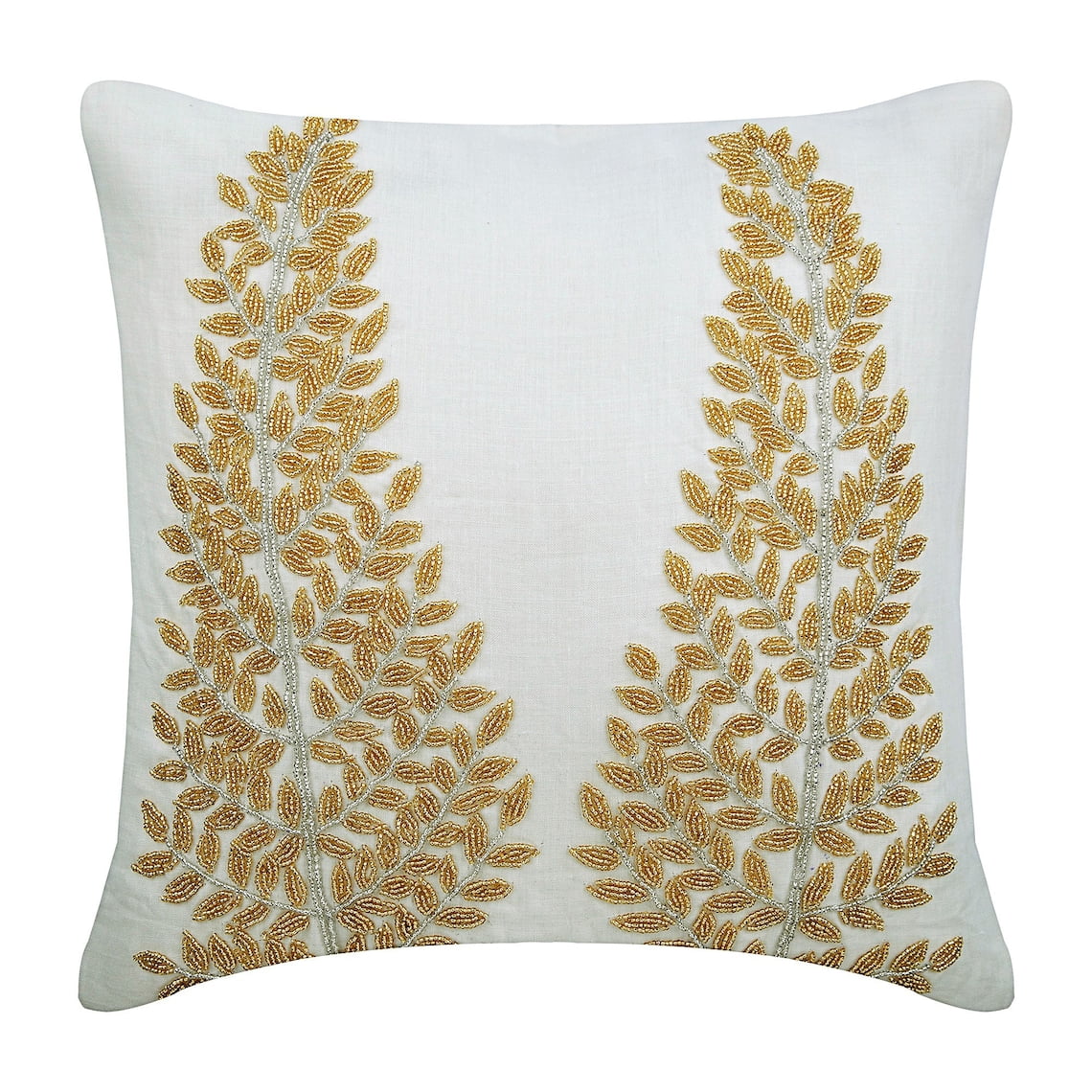 Ivory Pillow Cover, Zardozi Beaded Tree Ethnic Glitter Pillow Cover, 14x14 inch (35x35 cm
