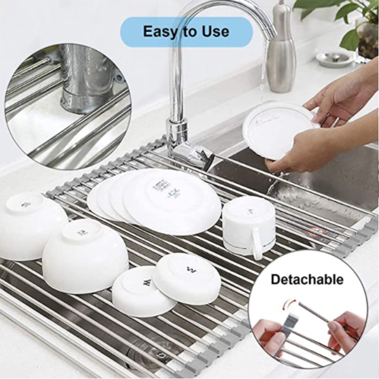 kitidy Over The Sink Multipurpose Roll-Up Dish Drying Rack - Stainless  Steel Foldable Sink Dish Drainer with Utensil Caddy – Kitidy