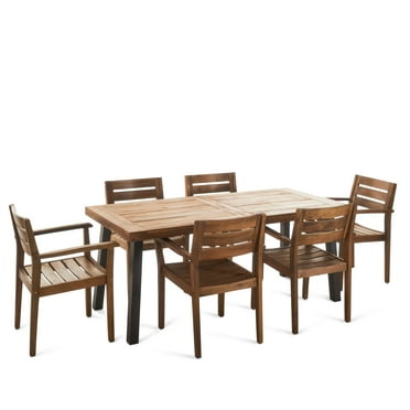 GDF Studio Seifer Outdoor Acacia Wood 7 Piece Dining Set, Teak and Rustic Metal