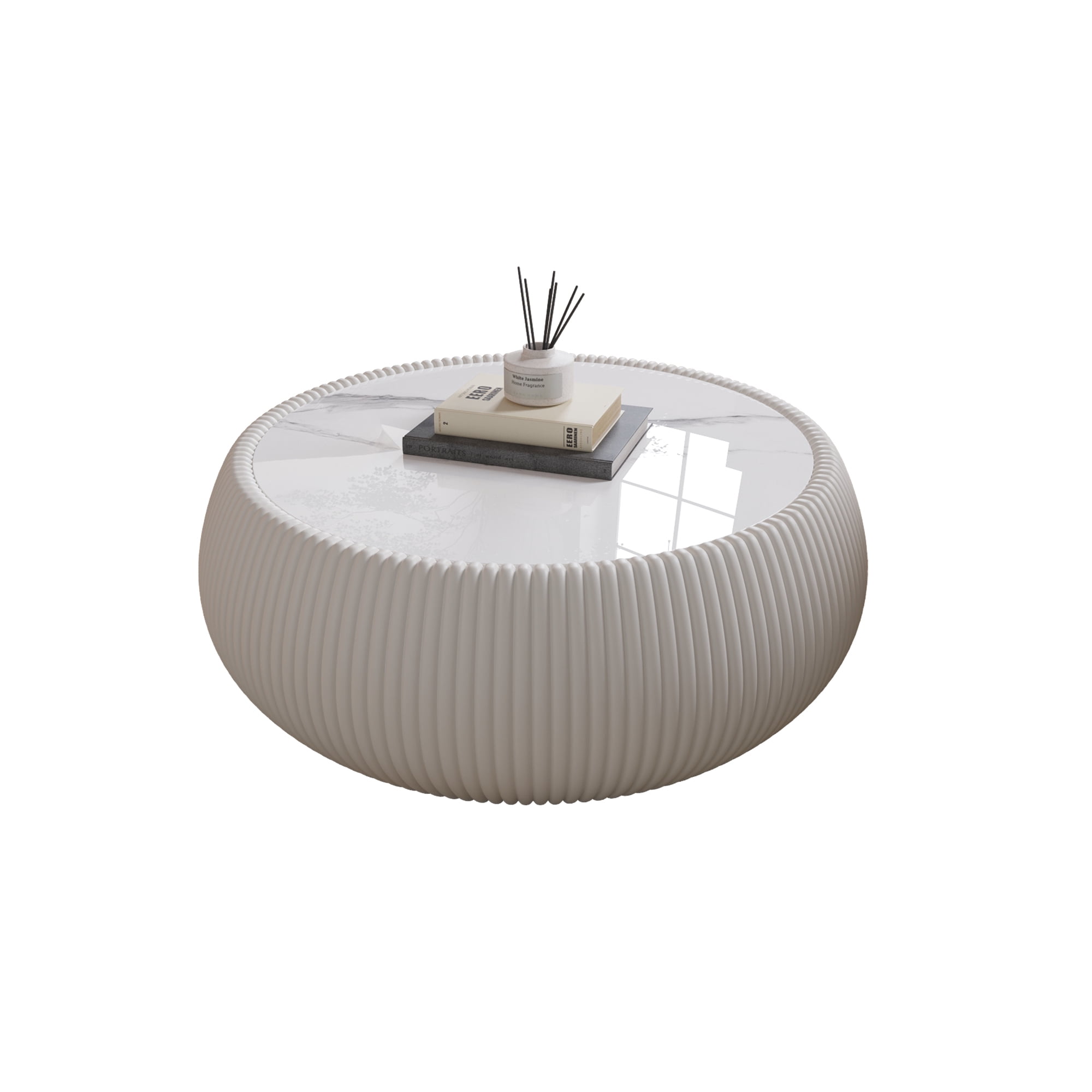Leumius Round Coffee Table,Cylinder Shape Leather Coffee Modern Sofa Table for Living Room, Bedroom and Outdoor Home Decor White