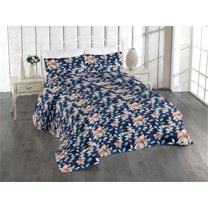 Ambesonne Botanical Quilted Bedspread Set 3 Pcs, Wild Floral on Night Back, King, Navy Blue and Peach
