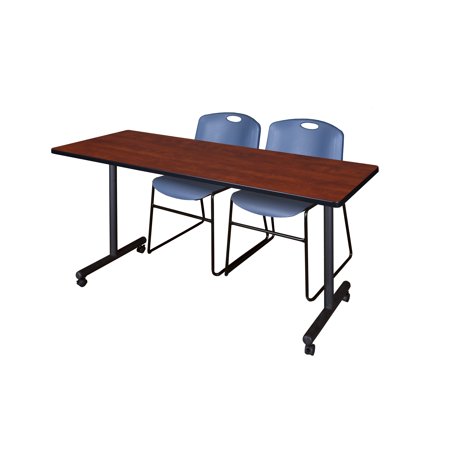 66" x 24" Kobe Mobile Training Table- Cherry & 2 Zeng Stack Chairs- Blue