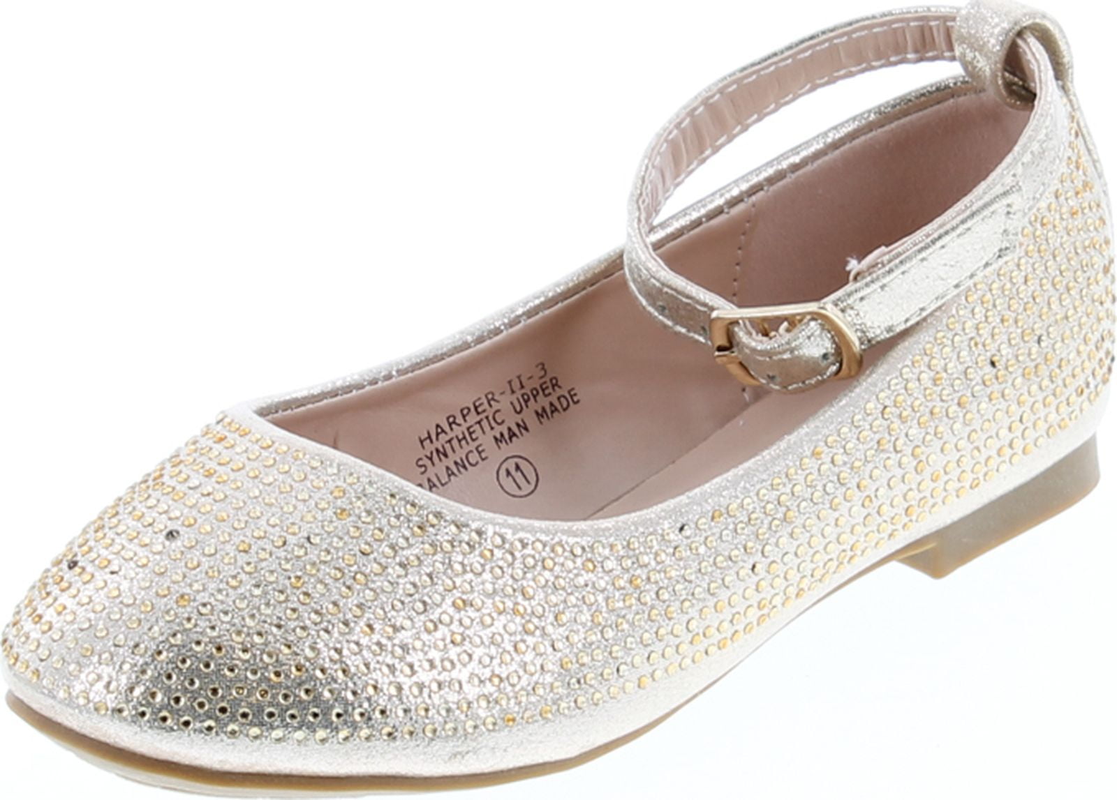 De Blossom Girl K-Harper-1 White Sparkle Round Toe Dressy Ankle Strap Flats 