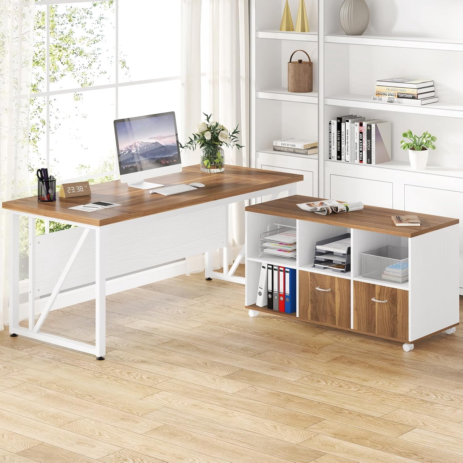 Finmind 63 inch Executive Desk and 47" lateral File Cabinet, L-Shaped Computer Desk Home Office Furniture with Drawers and Storage Shelves