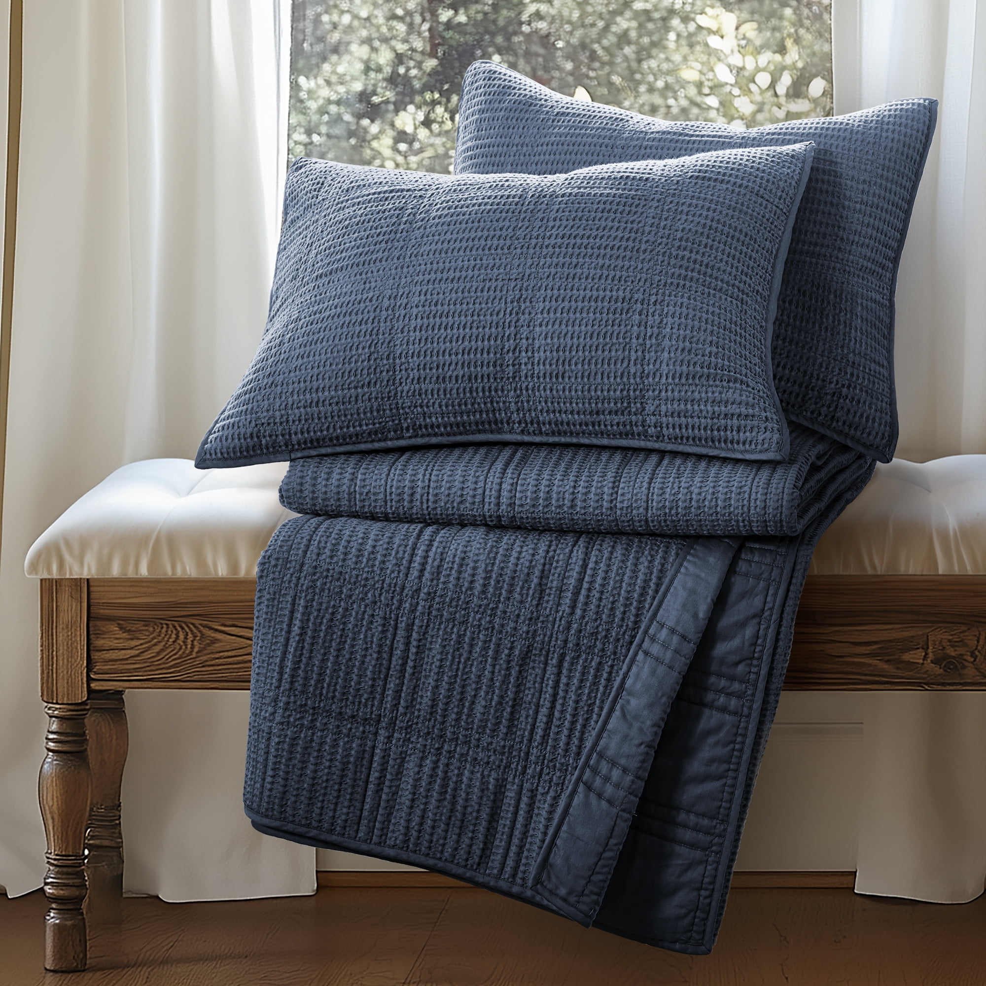 Levtex Home - Cloud Waffle Quilt Set - King Quilt and Two King Shams - Waffle Textured - Navy - Quilt (106x92in.) and Shams (20x36in.) - Reversible - Cotton