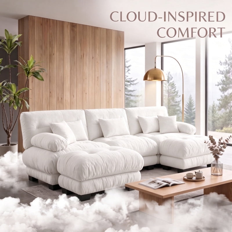 ANPPORT Cloud Couch Sleeper Sofa, Chenille White 3-Seater Modular Sofa with 2 Ottomans, 3 Lumbar pillows, 2 Pillows, Comfy Deep Seat Cloud Sofa, Convertible L-Shaped Floor Couch for Living Room