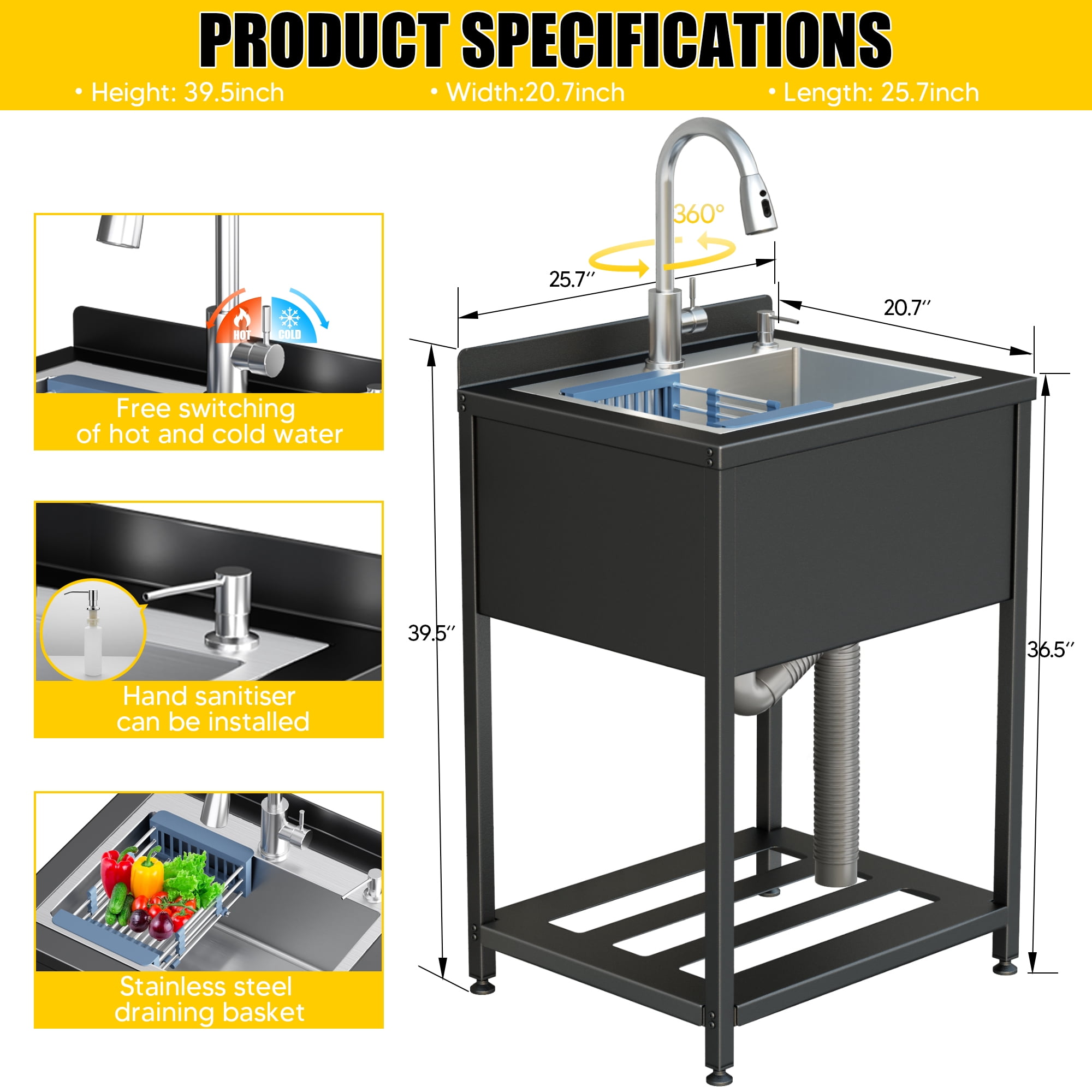 Stainless Steel Utility Sink, 25.7" × 20.7" × 39.5"Freestanding Sink with Cold and Hot Water Faucet,Hoses and Drain Kit for Kitchens, Bathrooms, Garage, Laundry Room