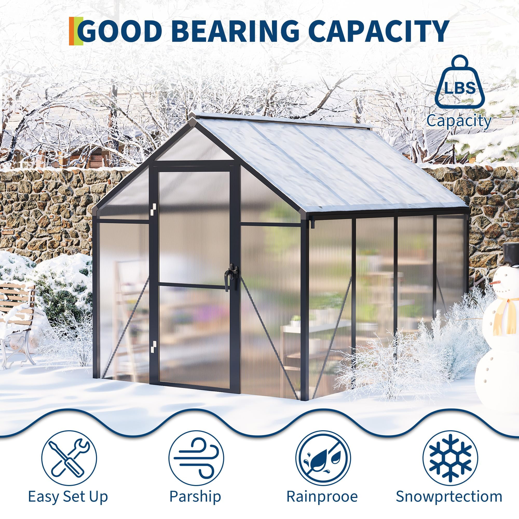 6x8 FT Greenhouse, Easy Assembly Aluminum Polycarbonate Outdoor Greenhouse with Roof Vent, Ground Nails, Heavy Duty Walk-in, Lockable, Black