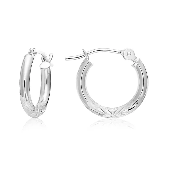 Tilo Jewelry 14K White Gold Diamond-Cut Engraved Round Hoop Earrings with Satin Finish (13mm) for Women & Unisex