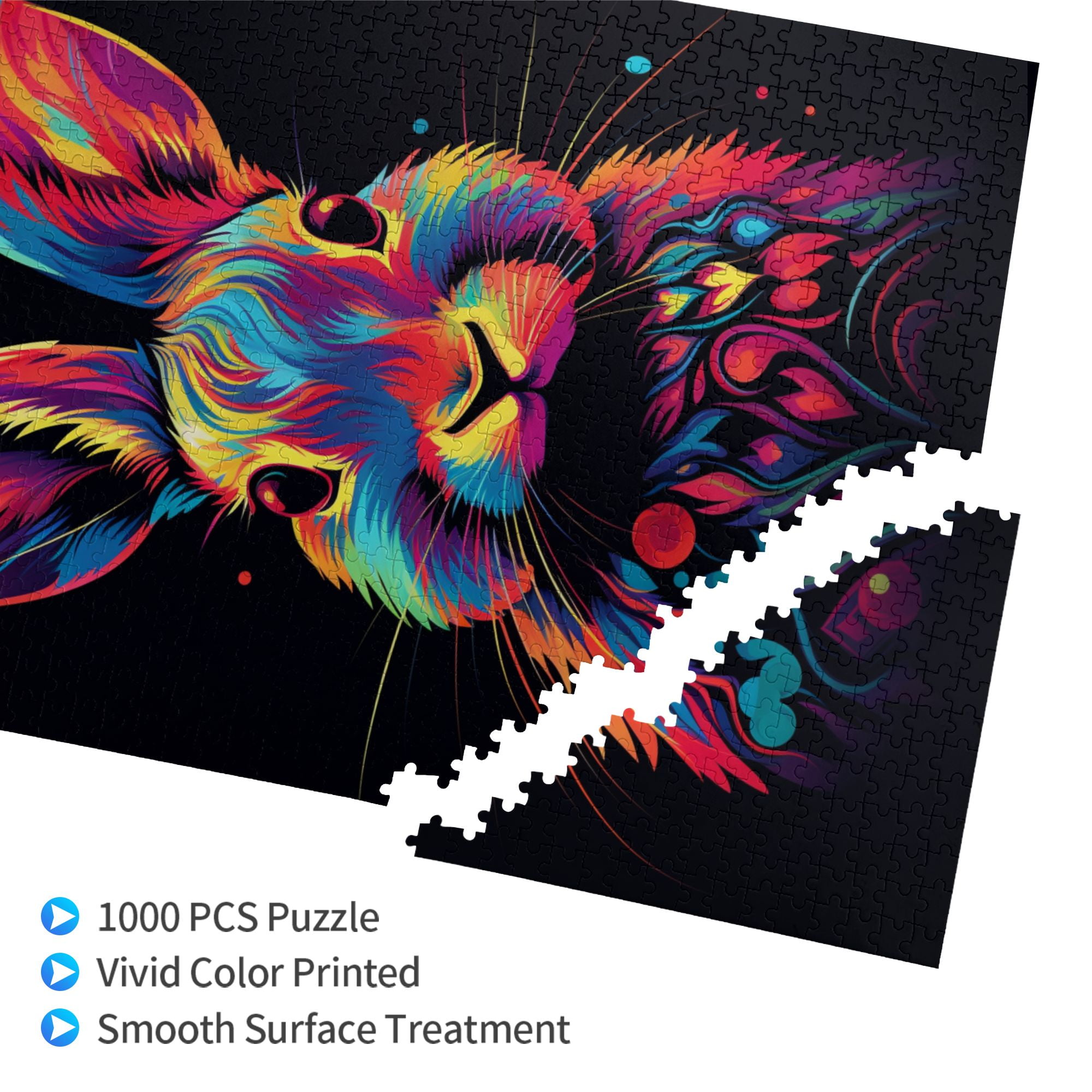 1000 pcs Cute Colorful Rabbit 1000 Piece Wooden Puzzles,Stunningly Vibrant Colors,Funny Artwork for Animal,Enchanting Colorful Rabbit Stress relieving pleasure 1000 Piece,Stress relieving pleasure