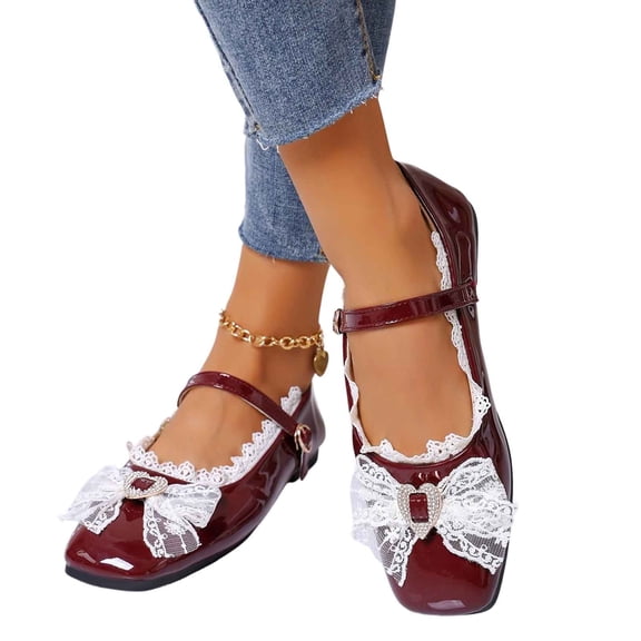 Women's Fashion Mary Jane Flats Square Toe with Bow Detail and Adjustable Buckle Strap Comfortable Casual Ballet Shoes Red 6