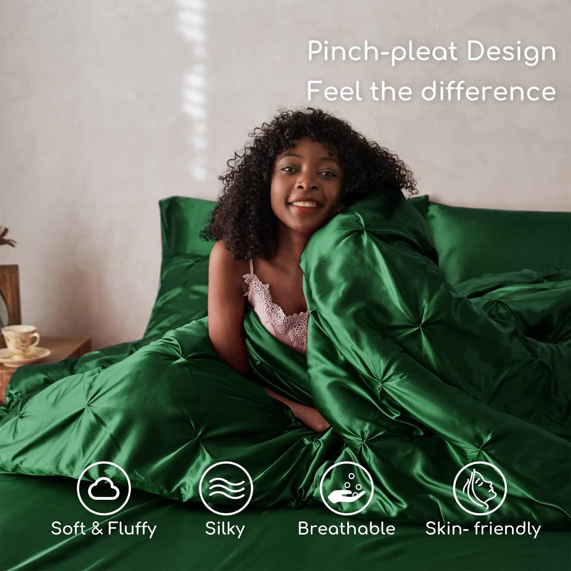 MR&HM Satin Comforter Set 7 Pieces Queen Size - Luxurious Pinch Pleat Bed in a Bag with Satin Comforter, Satin Sheets, Satin Pillowcases & Shams, Silky Soft Bedding Set for All Seasons (Dark Green)
