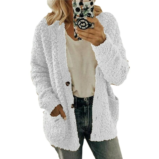 LUXUR Veste Cardigan pour Femmes Manteau d'Hiver Chaud à Manches Longues Moelleux Blanc TG