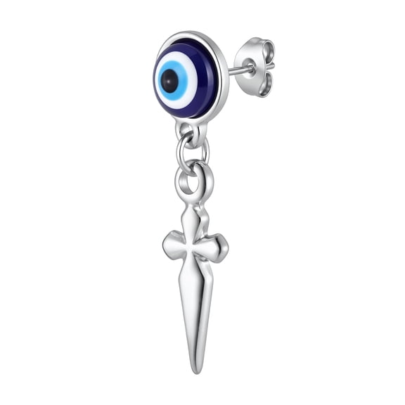 VNOX Stainless Steel Evil Eye Cross Dangle Earrings for Men, Silver Stud Drop Earrings Gift