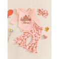 thumbnail image 3 of Baby Toddler Girls Thanksgiving Outfits 0 3 6 12 18 Months Letter Print Long Sleeves Romper and Elastic Pie Print Flared Pants Headband Clothing Set, 3 of 9