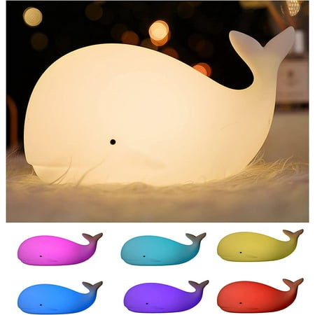 

Night Light Whale Portable LED Children Multicolored Silicone Warm White and 7 Color Breathing Dual Light Mode Sensitive Touch Control Adult and Baby Rooms USB Rechargeable Port