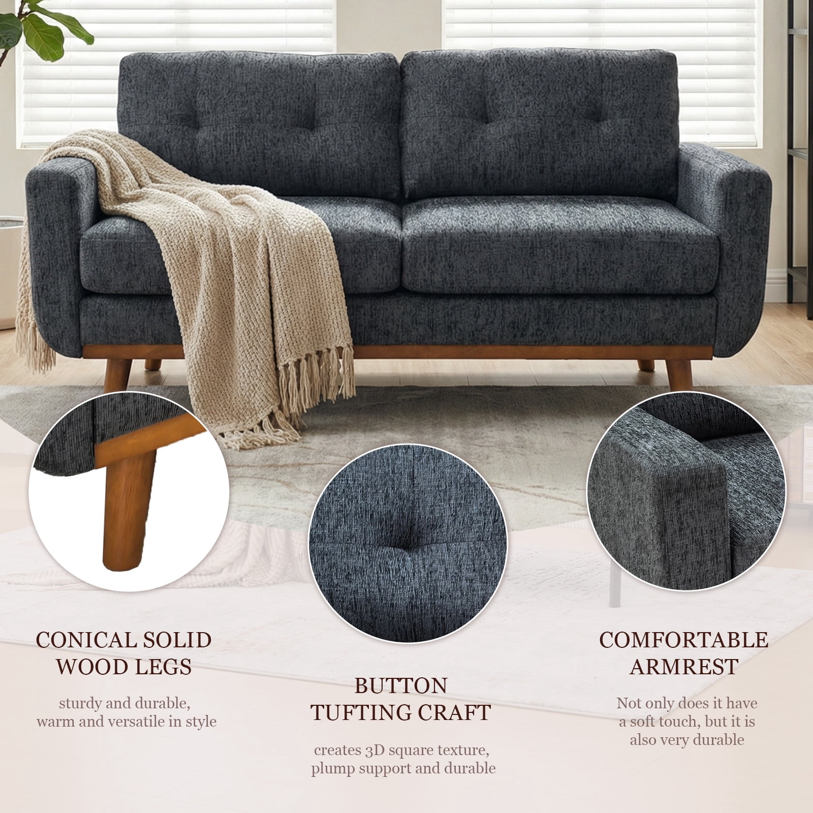 MOONMISS 67" Velvet Loveseat Couch, Modern Small Sofa With Walnut Wood Legs 2-seater Fabric Upholstered Mini Sofa Couches For Small Space,living Room Bedroom Office Dorm Apartment,
