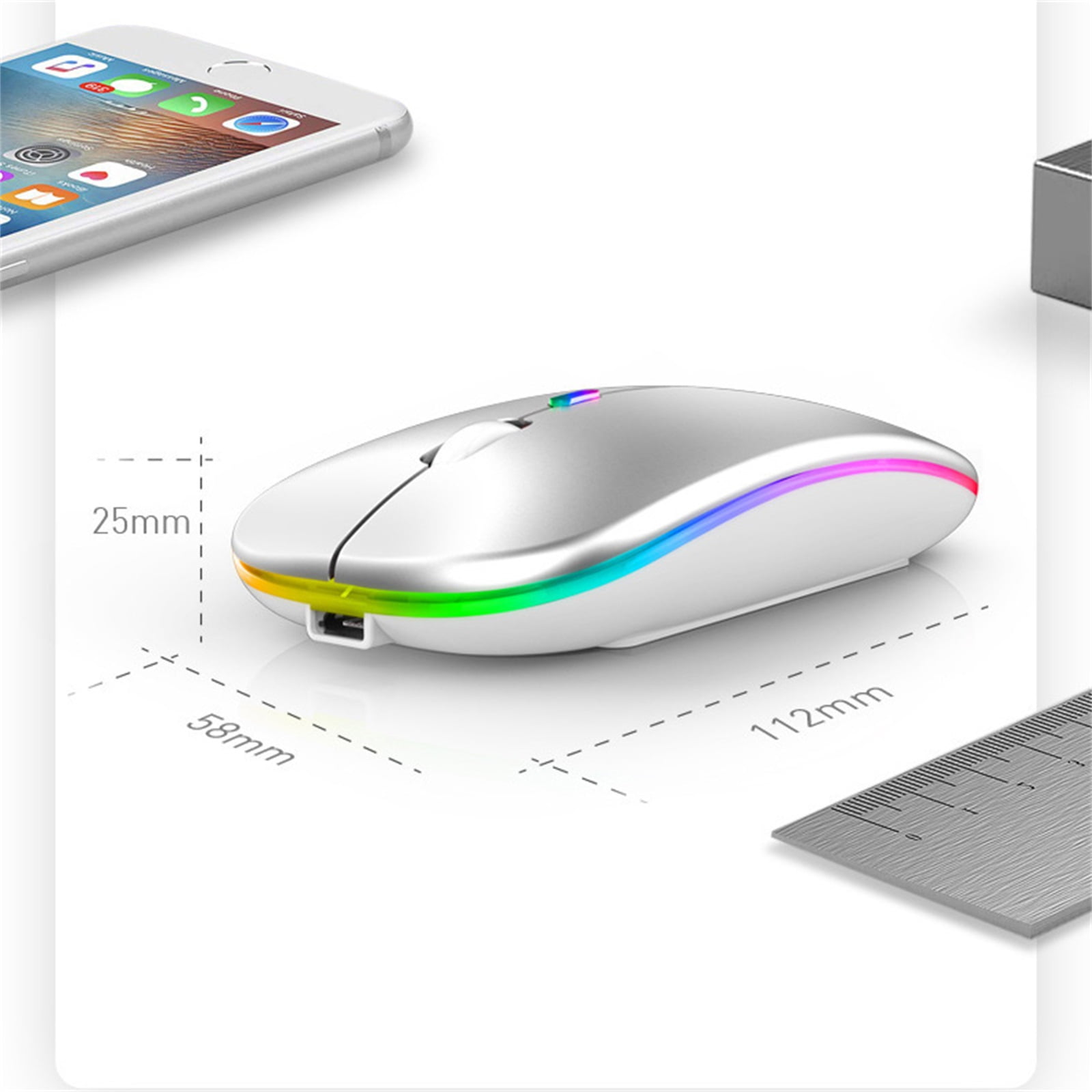 Wireless Mouse, Bluetooth Mouse for Laptop/ Mac/ iPad/ Tablet/ PC/ Desktop,  Silent Rechargeable Cordless USB Mouse, Bluetooth 5.1 Mouse for MacOS/iOS/  Windows/Android DPI Adjustable LED Mouse（Silver） 