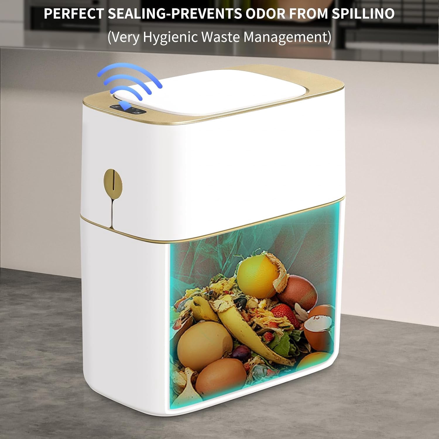 Joybos Automatic Bathroom Trash Can, 3.5 Gallon Plastic Motion Sensor Garbage Bin with Soft Close Lid, White & Gold, 1Pc