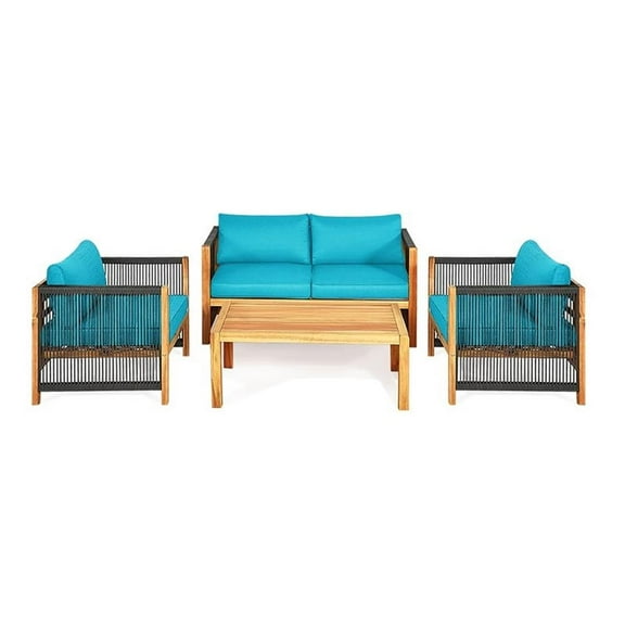 Pemberly Row 4-piece Wood & Sponge Patio Furniture Set w/ Armrest in Turquoise
