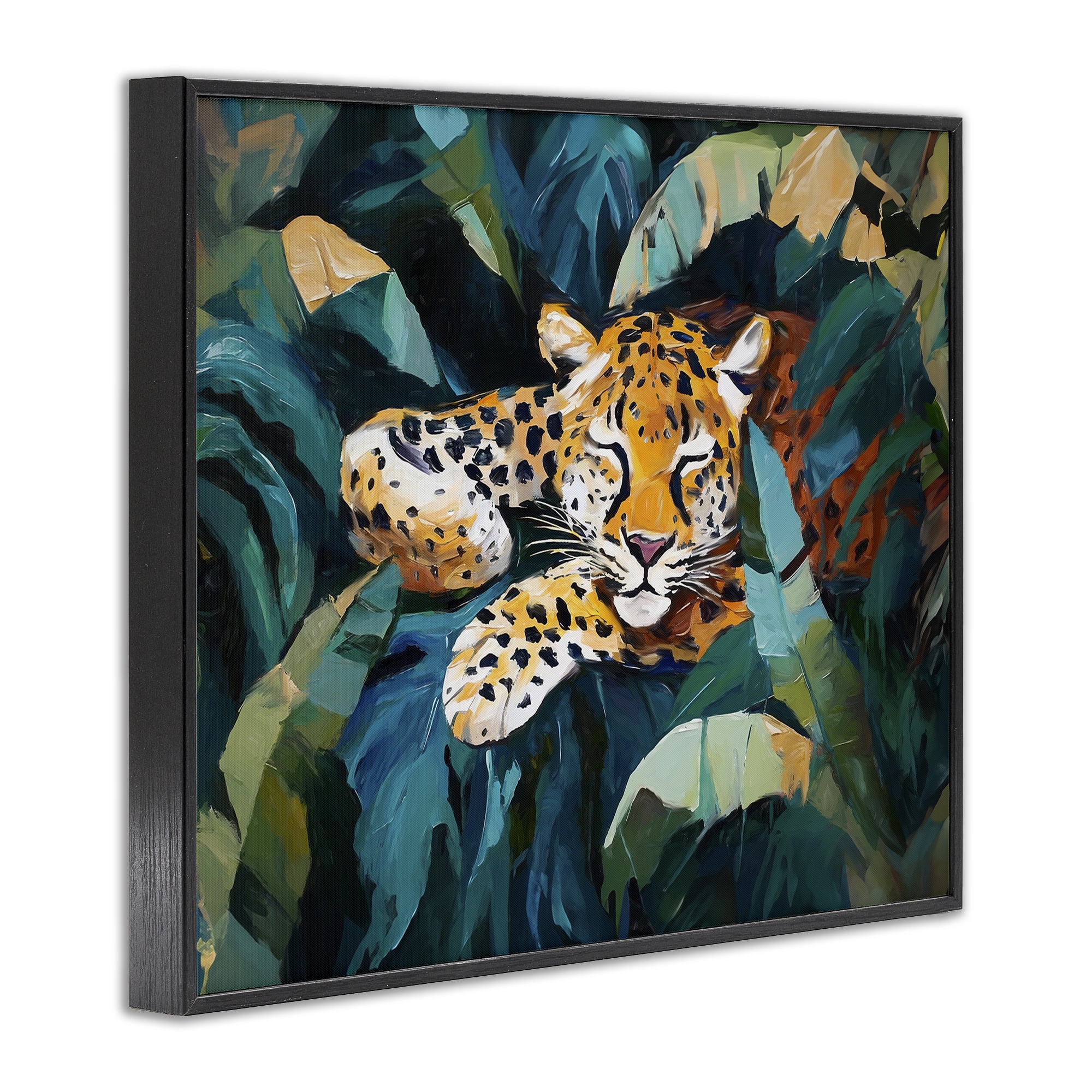 Stupell Industries Leopard Sleeping in Leaves Animals & Insects Painting Black Framed Art Print Wall Art, 14 x 11