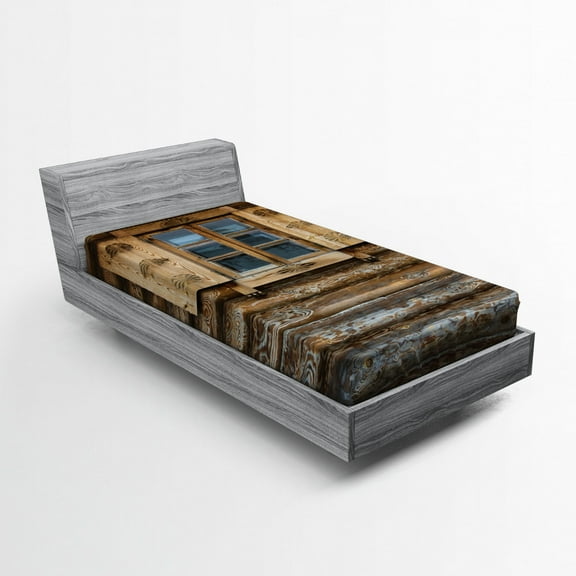 Ambesonne Rustic Fitted Sheet, Wooden Cottage Shutter, Twin Size, Brown Beige