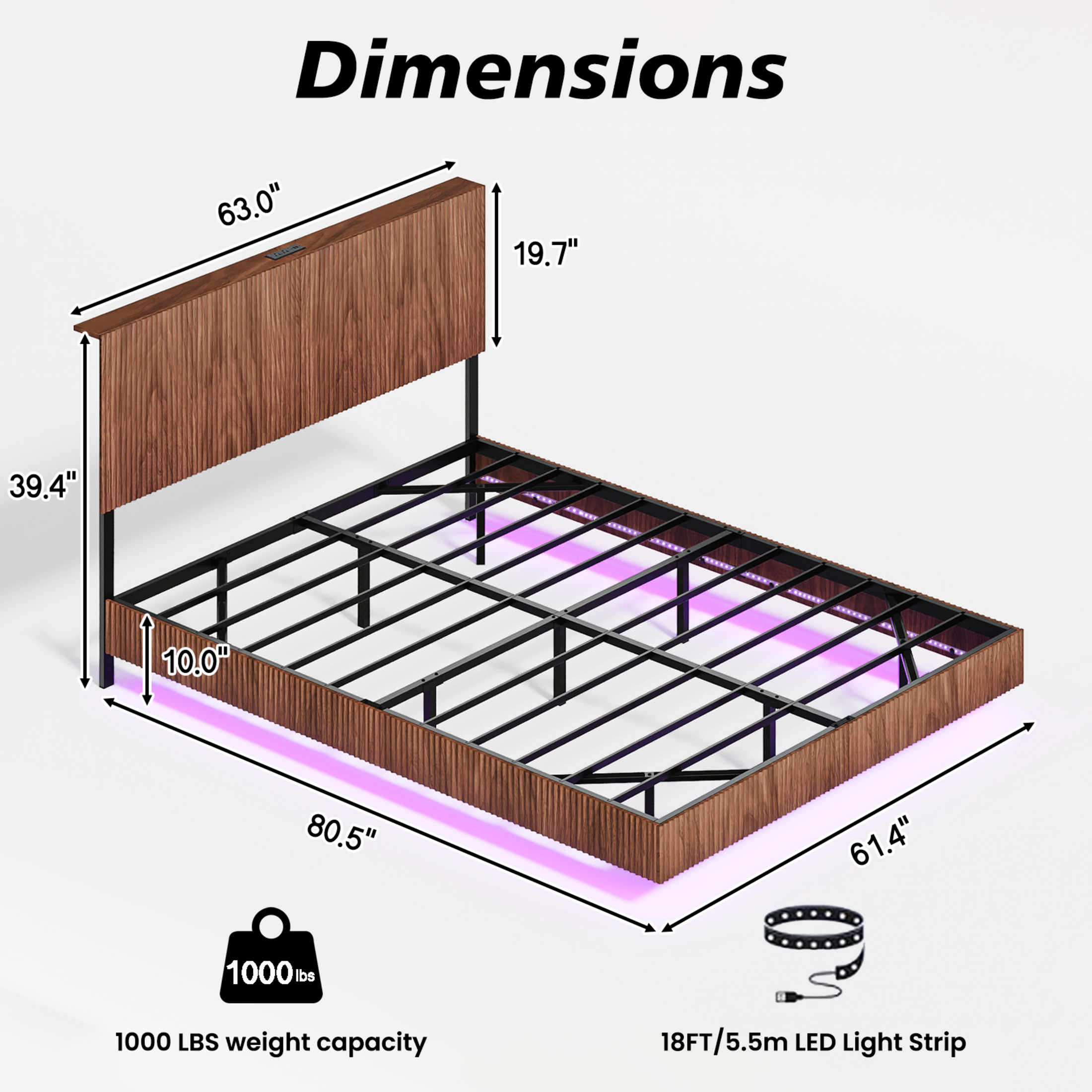Noble House Modern Queen Floating Bed Frame with Charging Station, LED Lights & Wavy Headboard, Walnut