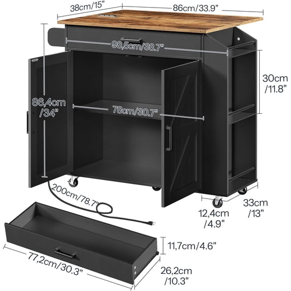 Kitchen Island with Drop Leaf Countertop & Power Outlet, Rolling Island Cart on Wheels, Kitchen Cart with Drawer & Spice Rack, Mobile Island Table for Kitchen, Black BF86UZD01